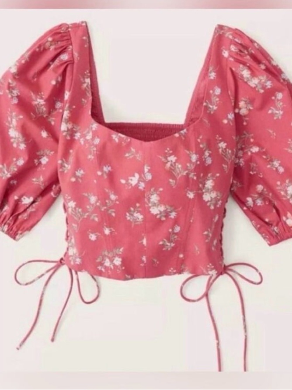 Abercrombie and fitch Floral Square-Neck Puff Sleeve Crop Top - Pink